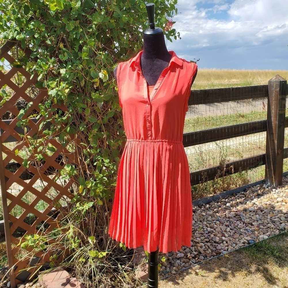 American Eagle Coral Orange Sheer Pleated Lined Collared Mini Dress Size Medium